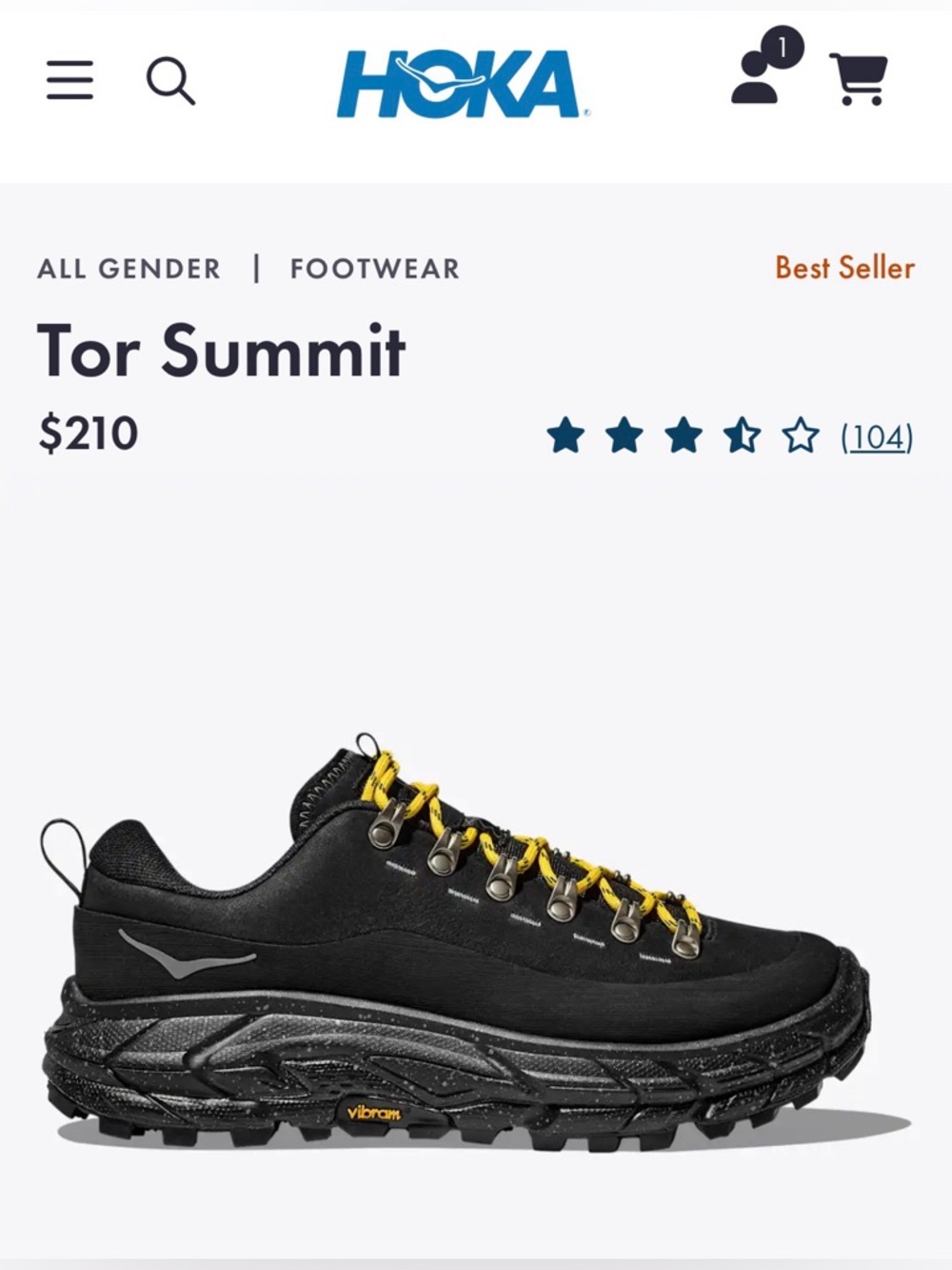 EUC Hoka Tor Summit Unisex Trail Shoe Size M6.5/W7.5 Black with Yellow Laces